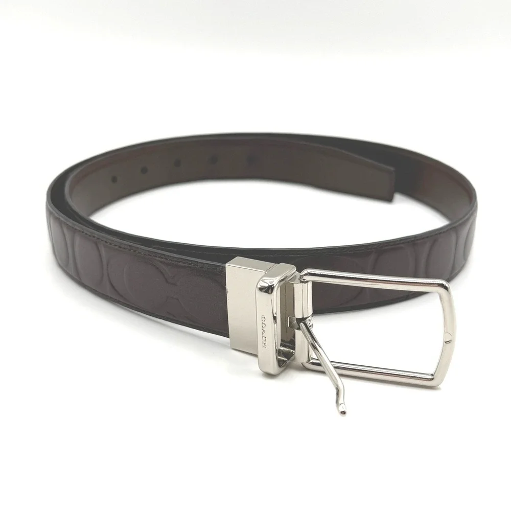 Coach Belt Mens Medium Brown Signature Debossed Reversible Leather Silver Buckle